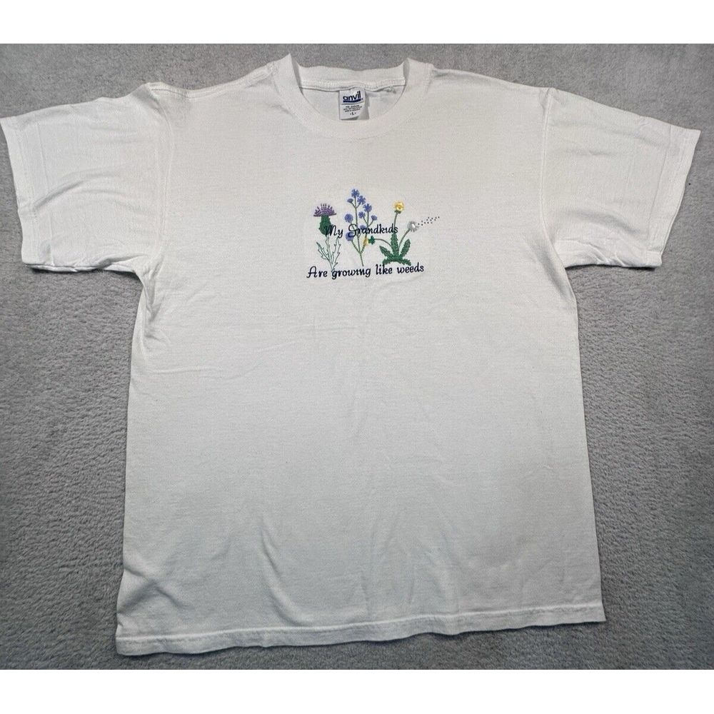 Vintage Anvil‎ Graphic T Shirt Womens L White Embroidered Floral Grandkids Tee